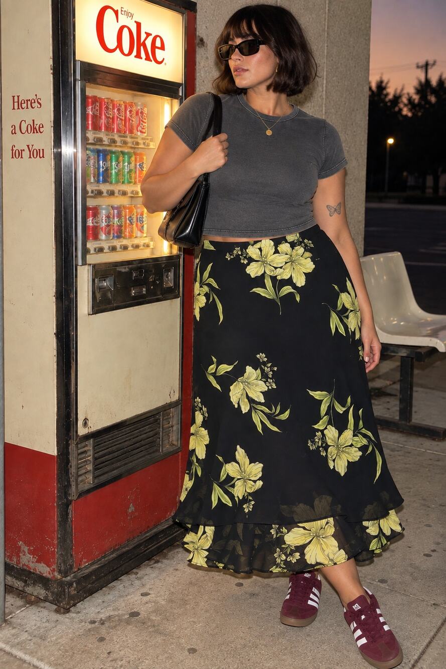 Black Yellow Floral Layered Midi Skirt Size 12 Sheer Ruffle Hem